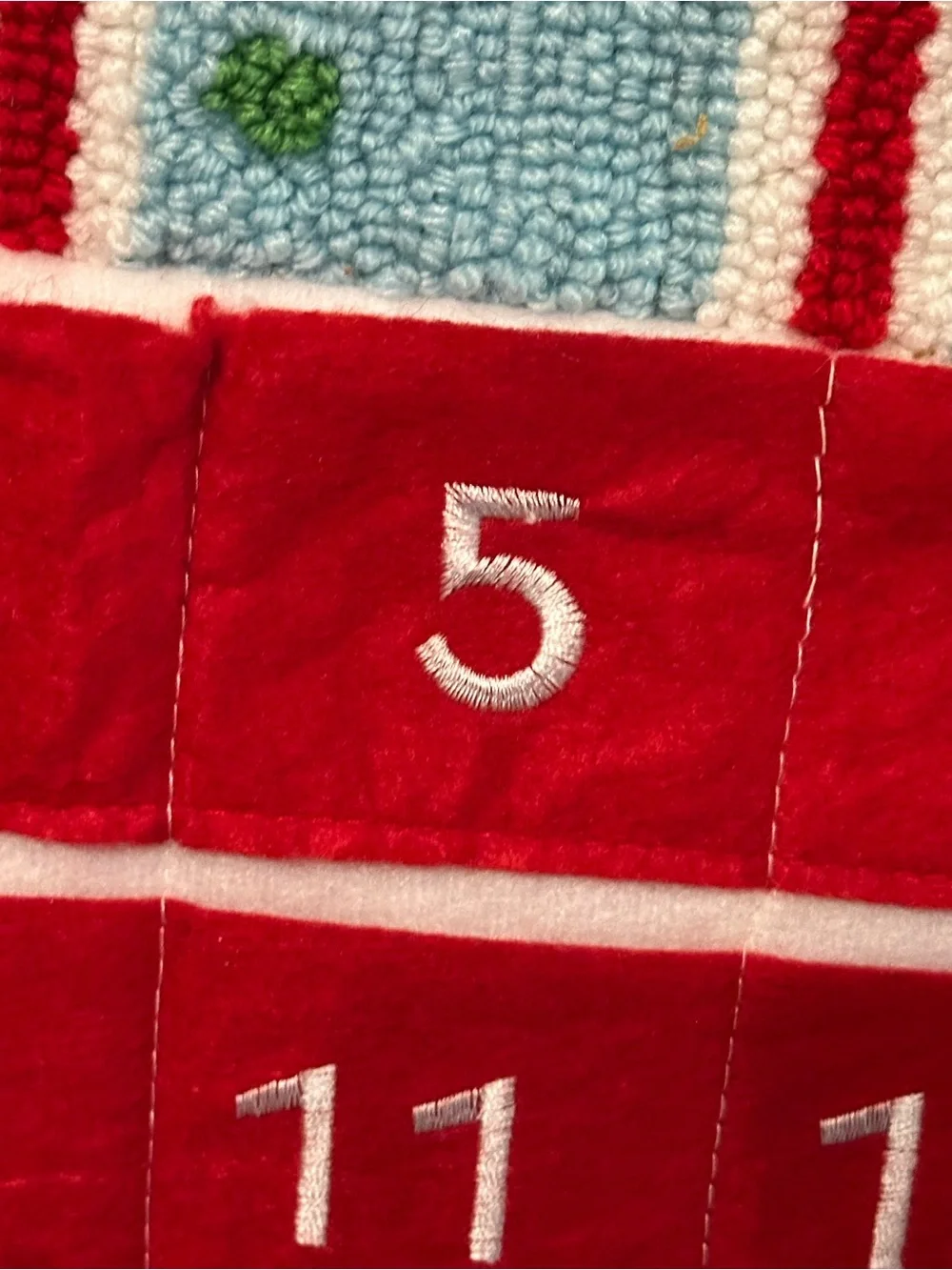 Textured Hooked Fabric Red Snowman Advent Calendar Wall Hanging